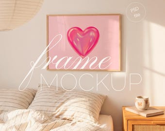 Frame Mockup Bedroom, 4:3 Horizontal Wood Poster, Cozy Wall Art Display (PSD File)