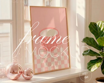 Wood Frame Mockup with Disco Ball, Vertical DIN A Wall Art Poster Display (PSD File)