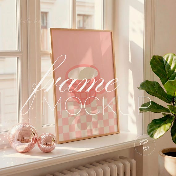 Wood Frame Mockup with Disco Ball, Vertical DIN A Wall Art Poster Display (PSD File)