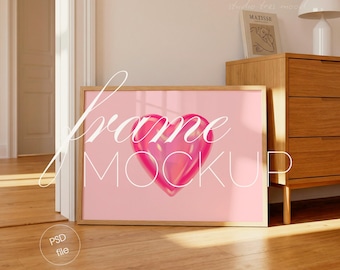 Horizontal Frame Mockup on Living Room, Scandi DIN A Wood Wall Art Display (PSD File)