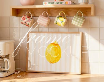 Wood Frame Mockup, Modern Kitchen Coffee Station, DIN A Horizontal Wall Art Display (PSD File)