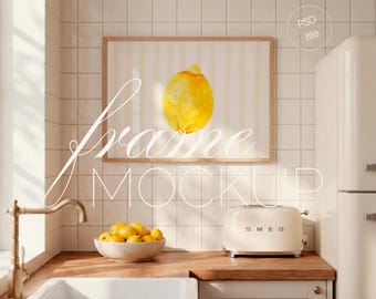Wood DIN A Horizontal Frame Mockup, Kitchen Interior, Wall Art Display (PSD File)