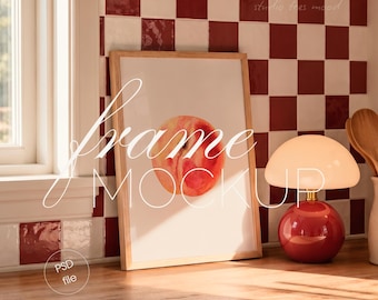 Wood DIN A Vertical Frame Mockup, Red Retro Kitchen, Wall Art Display (PSD File)