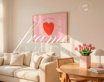 Horizontal Frame Mockup, Living Room Interior, DIN A Wall Art Display (PSD File)