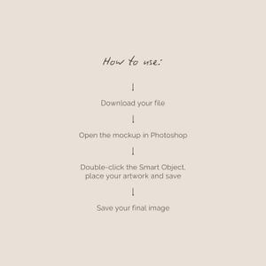 May include: A beige graphic with handwritten text that reads "How to use:" followed by instructions: Download your file, Open the mockup in Photoshop, Double-click the Smart Object, place your artwork and save, and Save your final image.