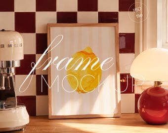 3:4 Vertical Frame Mockup, Red Retro Kitchen, Wall Art Poster Display (PSD File)