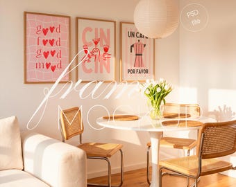 Set of 3 Frames Mockup, Dining Room Interior, DIN A Vertical Poster Display (PSD File)