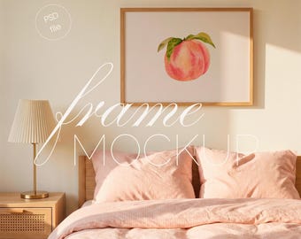 Frame Above Bed Mockup, Pink Bedroom Scene, DIN A Horizontal Wall Art Display (PSD File)