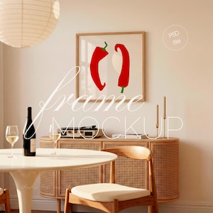 Matsal med fyrkantig träram, elegant väggkonst och tryckdisplay (PSD-fil)