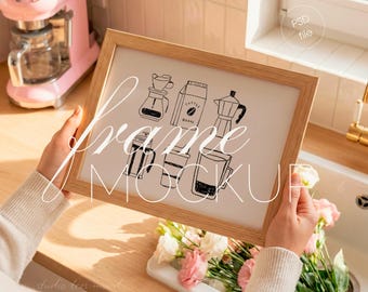 Wood Horizontal Frame Mockup with Person, Scandi Kitchen DIN A Wall Art Display (PSD File)