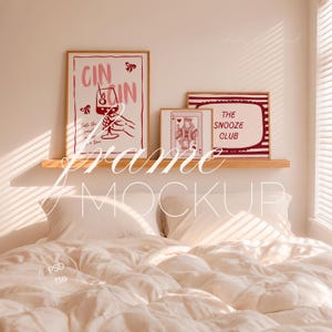 Set of 3 Frames Mockup on Shelf, Bedroom Gallery Wall Art Display (PSD File)