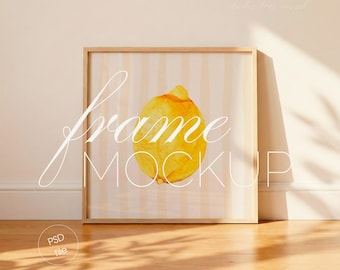 Square Frame on Wood Floor, Scandi Minimalist 1:1 Wall Art Display (PSD File)