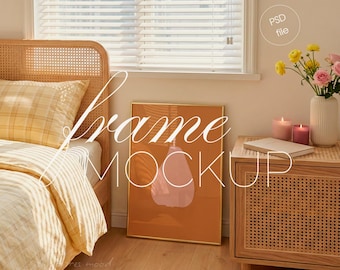Goldener DIN A Vertikalrahmen-Mockup – Schlafzimmer-Interieur, Wandbildpräsentation (PSD-Datei)