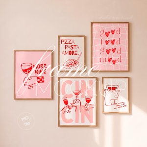 May include: A set of five framed wall art prints featuring red graphic illustrations and text on light pink backgrounds. The designs include wine glasses, hands, pasta, and hearts with phrases like MORE WINE, PIZZA PASTA AMORE, and good food good mood.