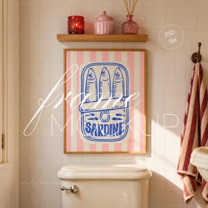 Vertical Frame Mockup, Retro Bathroom Scene, 4:5 Wood Wall Art Display (PSD File)