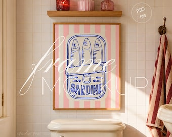 Vertical Frame Mockup, Retro Bathroom Scene, 4:5 Wood Wall Art Display (PSD File)