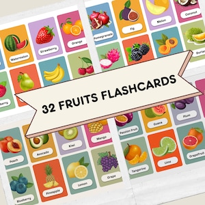 Mini-cartes-éclair de fruits imprimables/modifiables pour enfants/32x mini-cartes-éclair de FRUITS aquarelles/VOCABULAIRE PRÉSCOLAIRE
