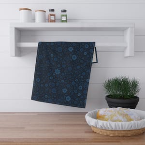 Blue Floral Gothic Tea Towel, Kitchen Towel, Cotton Towel, Dark Blue Home Decor, Kitchen Decor, Gothic Kitchen Accessories