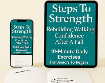 May include: A smartphone, tablet, and open book display the title "Steps To Strength." The devices and book feature text about rebuilding walking confidence after a fall, with 10-minute daily exercises for seniors. The book's title is "A New Day For-Bencewed Corifidence."