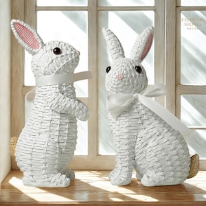 White Wicker Bunny Figurine Set – Handmade Easter Rabbit Decoration with Bow, Rustic Farmhouse Style