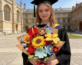 Handmade Crochet Sunflower Graduation Bouquet with Custom Doll, Class of 2026 Senior Gift for Her, Personalized School Colors & Tassel