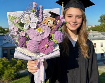Crochet Graduation Bouquet with Custom Doll, Handmade Flower Gift for Graduate Girl