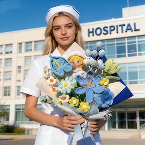 Può includere: Un bouquet di fiori all'uncinetto fatti a mano nei toni del blu, giallo e bianco, tenuto davanti a un edificio ospedaliero. Il bouquet include una bambola all'uncinetto e varie forme di fiori, avvolto in carta e legato con un nastro blu.