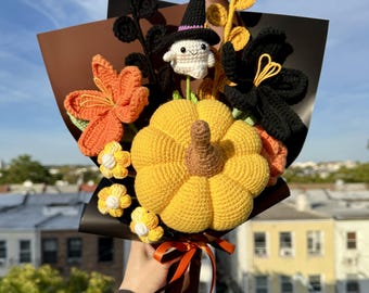 Gruseliger Häkelstrauß: Halloween-Geist, Kürbis, Hexenblumen