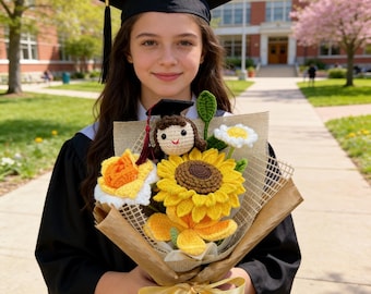Handmade Crochet Sunflower Graduation Bouquet with Custom Doll, Class of 2026 Senior Gift for Her, Personalized School Colors & Tassel