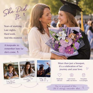 May include: A crochet flower bouquet featuring purple and white blossoms, green leaves, and a small crocheted doll wearing a black graduation cap. The bouquet is wrapped in purple mesh and includes a small graduation cap accessory on the doll.