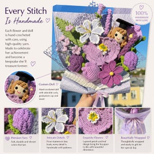 May include: A hand-crocheted bouquet featuring purple and lavender flowers, green leaves, and a small doll wearing a black graduation cap with a gold tassel. The bouquet is wrapped in light purple paper and tied with a matching ribbon.