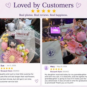 May include: Two customer reviews featuring crochet flower bouquets. The left image shows a bouquet in clear plastic with a 'CONGRATS' tag. The right image shows a colorful crochet bouquet with a small doll figure and a 'CONGRATS' tag next to a diploma.
