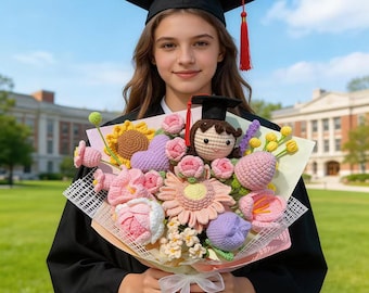 Handmade Crochet Graduation Bouquet with Doll, Class of 2026 Senior Gift for Her, Personalized School Colors & Tassel