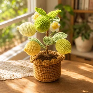 May include: A crocheted lemon tree in a brown pot. The tree features three textured yellow and light green lemons, several green leaves, and two white flowers with yellow centers. The pot has a scalloped top edge and a cylindrical base.