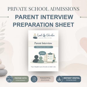 May include: A digital document titled Private School Admissions Parent Interview Preparation Sheet by Level-Up Education. The page features a graphic of two people, a speech bubble, a clipboard with a checklist, and a pen, with text below.