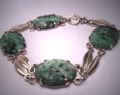 Antique Fine Jewelry Carved Jade Link Bracelet Silver Jadeite Vintage