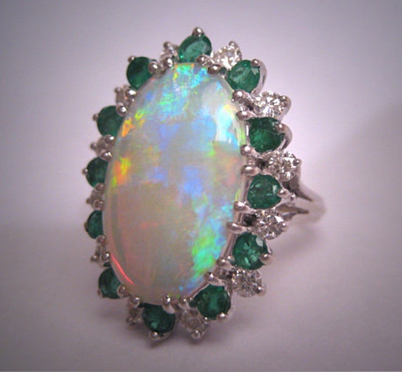 Amazing Large Antique Australian Opal Diamond Emerald Ring | Etsy