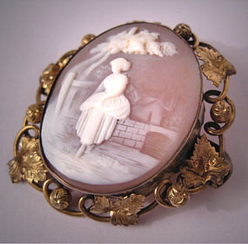 Large Antique Cameo Brooch Vintage Victorian Scenic Pin Etsy