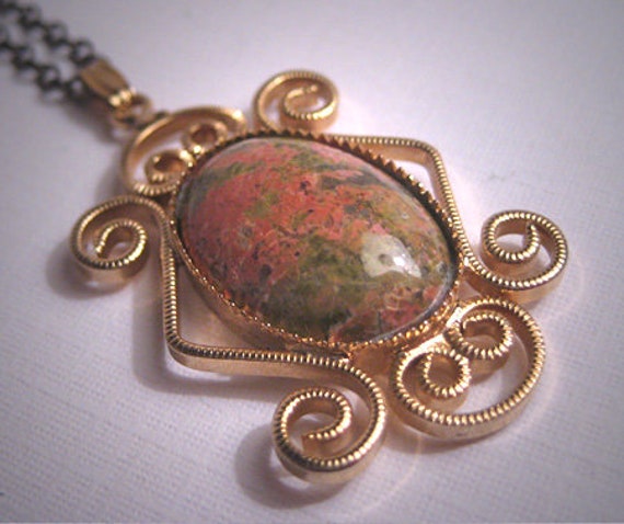 Antique Rhodochrosite Filigree Necklace Vintage Ar