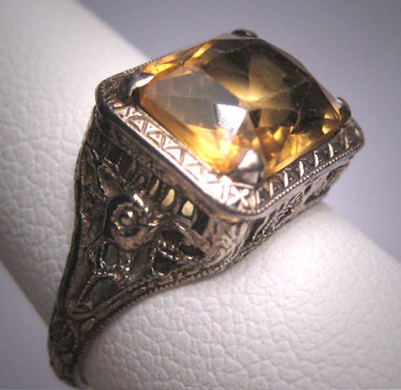 Antique Canary Golden Citrine Ring Art Deco Wedding Filigree | Etsy