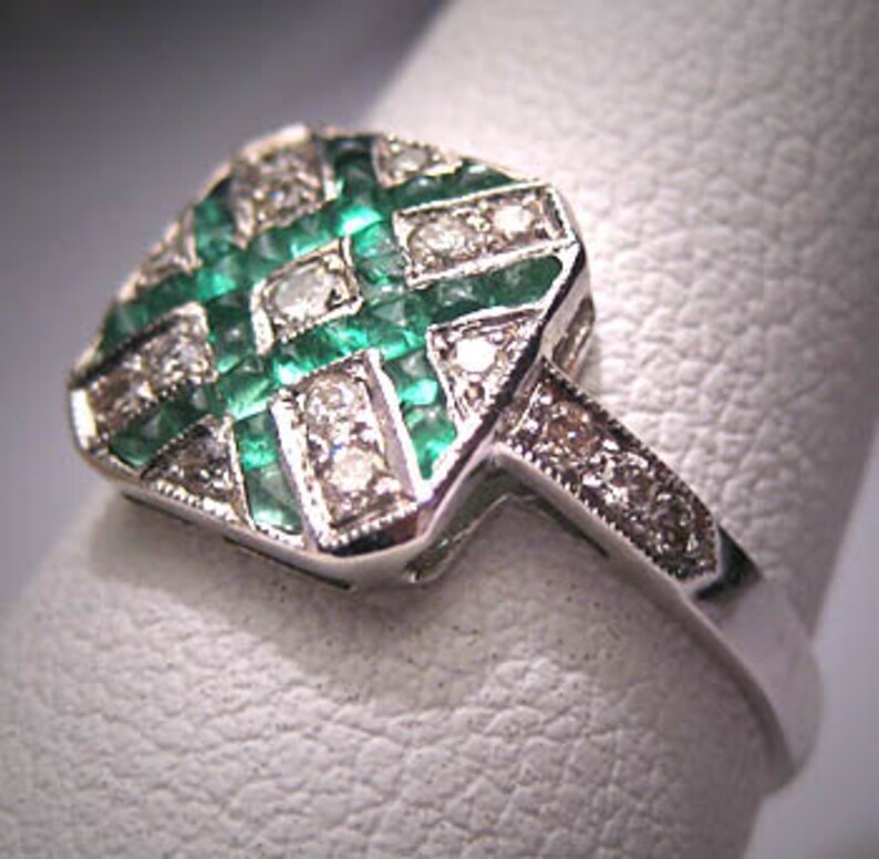 Antique Emerald Diamond Wedding Ring Art Deco Vintage Etsy
