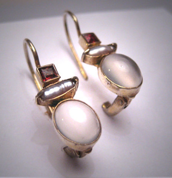 Vintage Moonstone Garnet Pearl Earrings Victorian