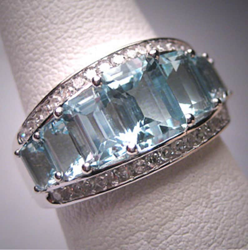 Vintage Aquamarine Diamond Wedding Ring Band White Gold