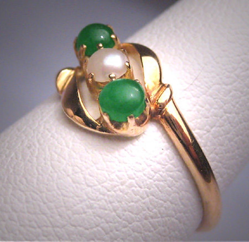 Antique Green Jade Pearl Ring Band Vintage Victorian 14K