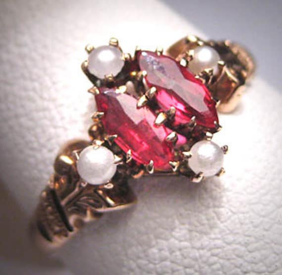 Antique Ruby Pearl Ring Victorian Gold Vintage Wed