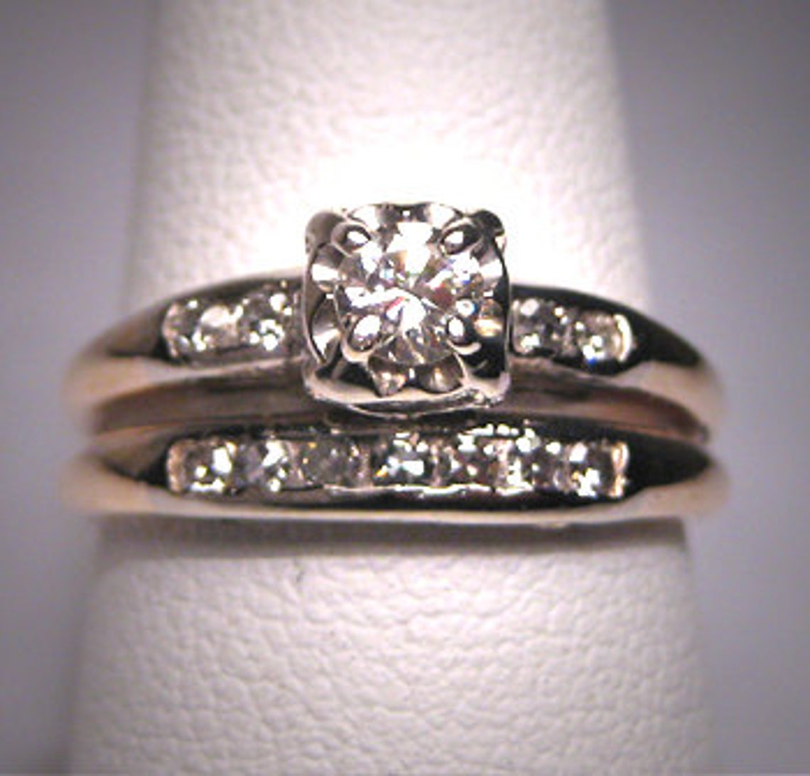 Antique Diamond Wedding Ring Set Vintage Art Deco14k Etsy