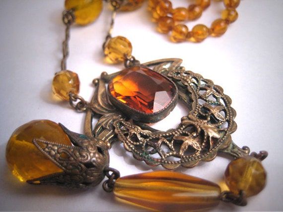 Antique Victorian Citrine Necklace Art Deco Czech