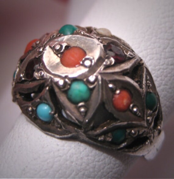 Antique Coral Turquoise Garnet Ring Vintage Victor