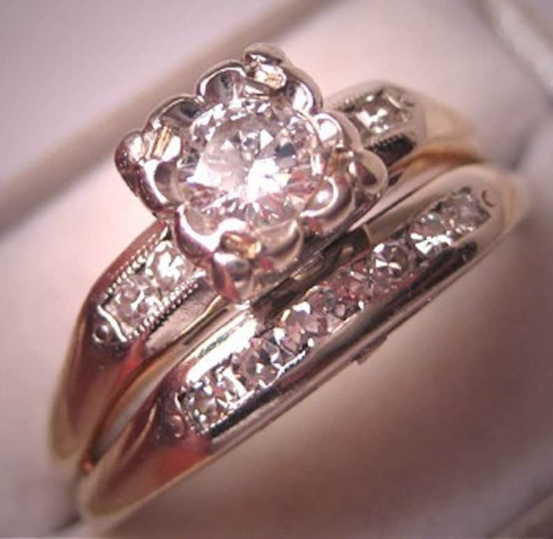 Antique Diamond Wedding Ring Set Vintage Art Deco 14K