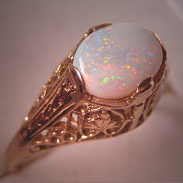 Vintage Australian Opal Ring Gold Filigree Art Deco 6